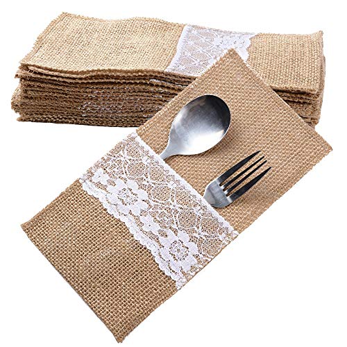 20 Stück Jute Bestecktaschen Besteckbeutel Besteckhalter Sackleinen mit Spitze Messer und Gabeln Besteck Set Hochzeit Vintage Deko Tischdeko für Party Hochzeit Zuhause