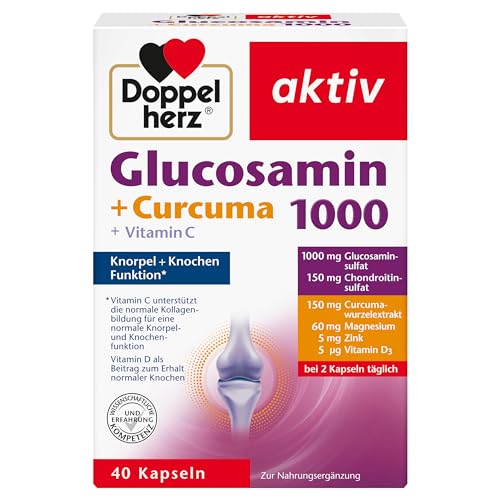 Doppelherz Glucosamin 1000 + Curcuma – Mit Vitamin C als Beitrag zur normalen Kollagenbildung für eine normale Knorpelfunktion – 40 Kapseln