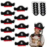 MOSNOW 10 Stück Piratenhut + 10 Stück Augenklappe, Filz Piratenkapitän Hut Schädel Zubehör Set für Kindergeburtstag Piratenparty Weihnachten