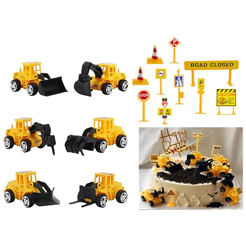 Baustelle für Tortendekoration,Spielzeugbagger und Baumaschinensatz mit 6 Fahrzeugen und Verkehrsschildern, Gelb，Baustelle Spielzeug Kuchen Deko Junge