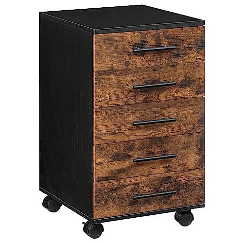 HOOBRO Aktenschrank, Rollcontainer mit 5 Schubladen, Holz Büroschrank, Kommode Aufbewahrungsschrank, Industrie Stil Einfache Montage Rustikal, Dunkelbraun und Schwarz EBF05WJ01G1