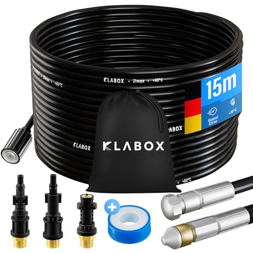 KLABOX Rohrreinigungsschlauch 15m | Kärcher Rohrreinigungsschlauch für Karcher K2-K7, Lavor, Bosch, Parkside und weitere Marken | Inklusive 3 Adapter, 2 Düsen, 1 Tasche und 1 Teflonband