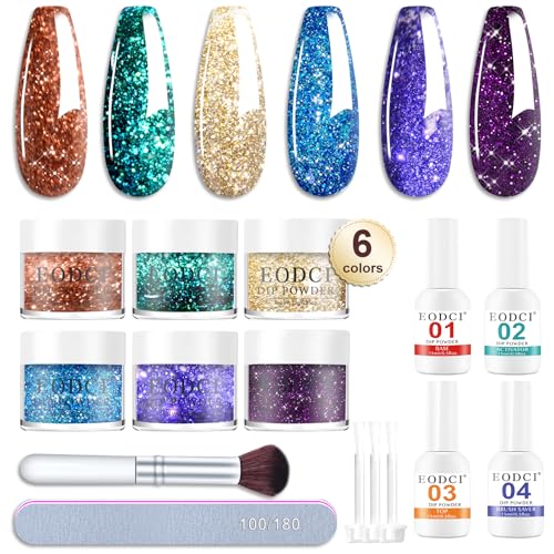 Dip Pulver Nagel Starter Kit, 6 Farben Glitzer Dipping Powder Nails Set Nail Art mit Base&Top Coat, Aktivator Brush Maniküre Sets für Salon DIY & Hause Nagelpuder Spiegelpulver