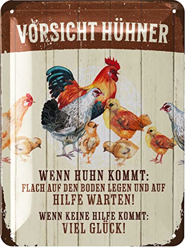 LANOLU Retro Blechschild Vorsicht Hühner, Hühner Zubehör, lustige Schilder mit Sprüchen, vintage Metallschilder Huhn Deko für den Hühnerstall, Warn- und Garten Schild als Hühner Deko, 15x20cm