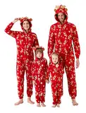 PATPAT Familien Weihnacht Schlafoverall Polarfleece mit 6D-Antler-Kapuze, Partner-Pyjama, Weihnachts-Outfit für Familien mit Baby, Fleece Schlafanzug als Weihnachten Set, Rot, Baby: 12-18 Monate