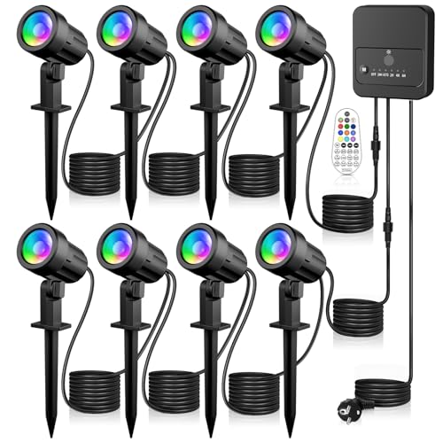 MEIKEE Gartenbeleuchtung RGB Mit Fernbedienung 10 Farben 30 Dynamische Modi IP66 Wasserdicht Timing-Funktion Gartenleuchte RGB Ideal für Außen, Garten, Terrasse, Baum, Wegen 8 Stück mit EU Stecker