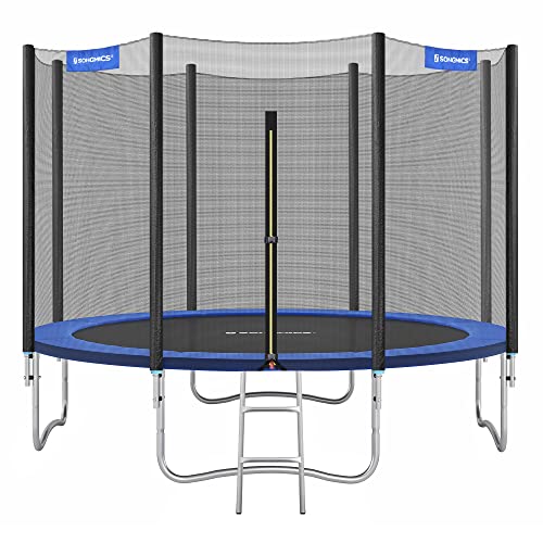 SONGMICS Trampolin Ø 366 cm, Gartentrampolin für Kinder mit Sicherheitsnetz, Randabdeckung, Leiter, 180 cm hohe gerade Stangen, Stahlrahmen, TÜV Rheinland GS-Zertifikat, blau STR124V1