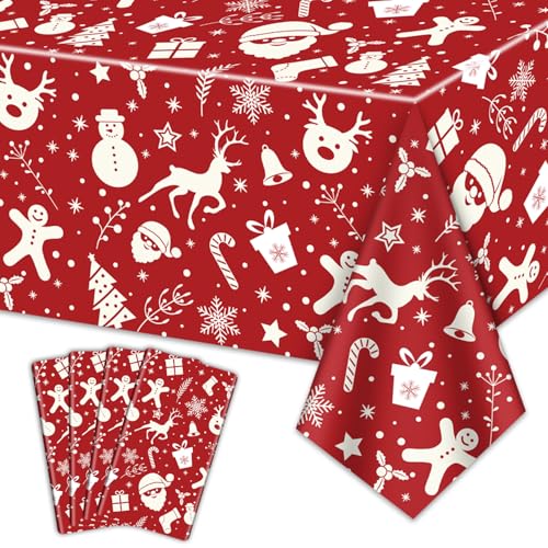 Weihnachten Tischdecken für Rechteck Tisch, 220x130cm Weihnachtsmann Schneemann Rentier Schneeflocke Weihnachten Tischdecke für Weihnachtsfeier Winter Events Dekorationen, Rot, 4er Pack