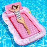 Charmofun Aufblasbarer Luftmatratze Pool, Inflatable Tanning Pool mit Tassenhalter, Pool Lounge aufblasbare Liege, Aufblasbare Sonnenpool Wasserhängematte für Erwachsene und Kinder (Rosa)