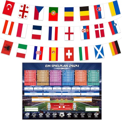 AhfuLife EM Fahnen Wimpelkette und EM Spielplan Poster 2024, Euro Fußball 2024 Party Dekoration, 8.5m-14x21cm Doppelseitig EM Flaggen und A2 Format Poster für Europameisterschaft Fussball 2024 Deko