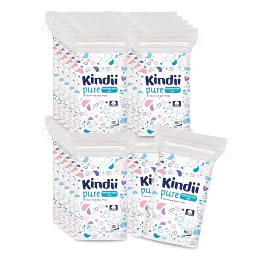 Kindii Pure Baby Pads - Wattepads - 100% Baumwolle - Große quadratische Pads für empfindliche Haut - Ersetzt Feuchttücher - Weich - weiche Kanten - kein Ausfransen - 60 Stück.