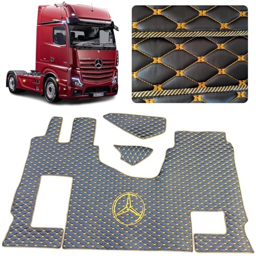 Automatte für die LKW-Kabine. Set kompatibel mit Mercedes Actros MP4 MP5 MP6 (Schwarz Gold Garn, Beifahrersitz ungefedert)