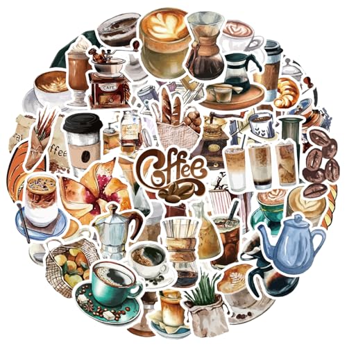 Hibarby 50 Stück Kaffee Getränke Sticker Set, Wasserdichte Vinyl Cute Coffee Cafe Aufkleber für Laptop, Wasserflasche, Reisekoffer, Handyhülle, iPad, Tagebuch, Scrapbook, Kinder Jugendliche