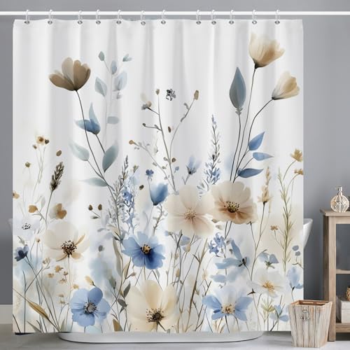 Ttincceer 105x160cm Blume Dusche Curtian Blau Grau Florla Aquarell Pflanze Badezimmer Vorhang Elegante Creme Tan Wildflower Duschvorhang Set mit Haken für Badezimmer Decr Waschbar Badewanne Vorhang