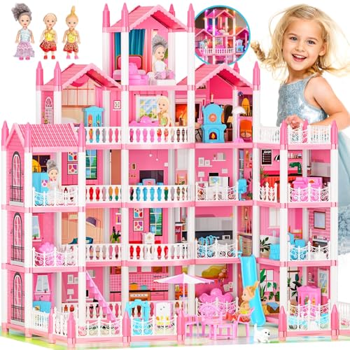5-stöckiges Traum Puppenhaus für Mädchen mit 19 Zimmern, Lichtern, Puppen und Möbeln, großes DIY-Spielhaus für Kinder von 3-16 Jahren, perfektes fantasievolles STEM-Geschenk für Weihnachten (Rosa)
