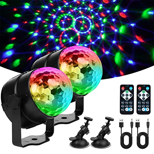 URAQT Discokugel LED,2 Stück 360° Rotation Discokugel Partylicht mit Fernbedienung und USB Kable 7 Farben RGB Modi Musikgesteuert Discokugel LED Party Lampe für Kinder Halloween Xmas Hause Party Deko