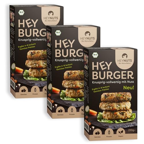 HEYBURGER Veganer Protein Gemüse Burger - 100% Natürliche Zutaten, Vegane Fleischalternative für 6 Burger - Hoher Proteingehalt, Bio, Keine Zusatzstoffe, Lecker, Einfach und Schnell, 3x210g