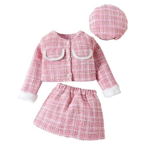 KKvoPiQ Mädchen Kleidung 1 Jahr Alt Staaten Mädchen Duft Anzug pelzigen Patchwork Mantel + Rock + Baskenmütze drei Set Trainingsanzug Mädchen 146 (Pink, 1-2 Years)