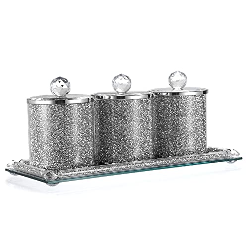 BTSKY Set mit 3 Behältern mit Deckel und 1 Tablett, Glas verspiegelt mit zerkleinerten Diamanten, Behälter für Küchentisch, dekorative glitzernde Glasdekoration, Theke