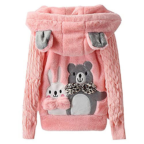 Oyolan Kinder Mädchen Kapuzenjacke Teddybär Fleecejack Winter Outwear Mantel Cartoon Sweatshirt Hoodie Pullover mit Ohren Gr.98-164 Rosa 122-128