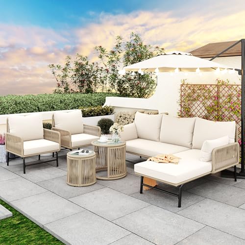 IHO SOFA Gartenmöbel Lounge Set 6-TLG für 6 Personen, Lounge Möbel Outdoor mit 2 Sofa, 2 Tisch und 2 Stühle mit Sitzkissen, Eisen Gestell und Gewebtem Seil Gartengarnitur Sitzgruppe Outdoor, Beige