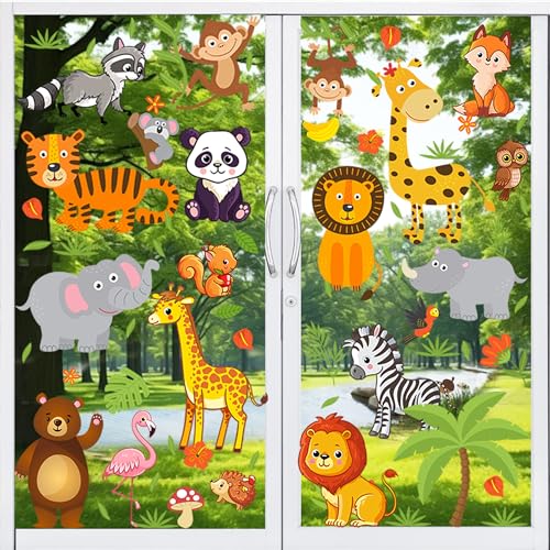 Moxled 9 Blatt Fensterbilder Kinderzimmer Selbstklebend - Waldtiere Wandtattoo Kinderzimmer Fenstersticker Wiederverwendbare Fensteraufkleber für Schlafzimmer Kinderzimmer Deko