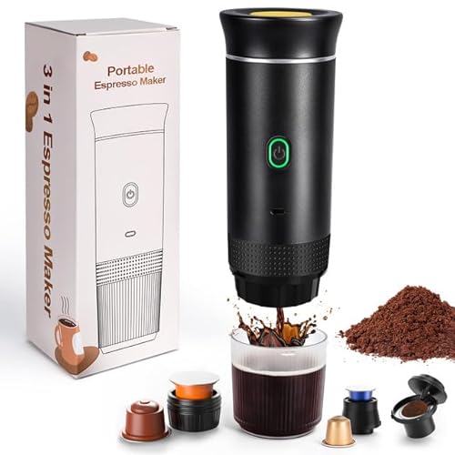 LAMA Tragbare Kaffeemaschine Elektrische Espressomaschine Kapselmaschine, Kompatible mit Kaffeekapseln & Kaffeepulver, Sofortiges Aufwärmen Mini kaffeemaschine für Camping Auto Reise, Schwarz