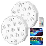 Otyzery Unterwasser Licht mit Fernbedienung, 2 Stück LED Poolbeleuchtung Wiederaufladbar, 13 Lichtperlen, 16 Farben RGB, Teichbeleuchtung Wasserdicht für Teich, Garten, Pool, Badewanne und Aquarium