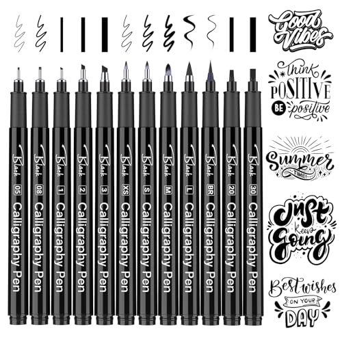 APOGO Handlettering Kalligraphie Stifte: 12 Schwarz Kalligraphie Handlettering Starter Calligraphy Set für Anfänger Tagebuch, Lettering, Übungsheft, Zeichnen, Illustration Design