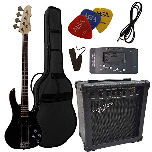 ELEKTROBASS - SET - SCHWARZ - E-BASS - GIGBAG-TASCHE - GURT - VERSTÄRKER 45 WATT - STIMMGERÄT - 3x PLEKTREN - KABEL - VISION SOUND GITARRE - LONG SCALE - JB8BK