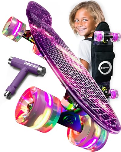 Deleven Skateboard mit Tragetasche, LED Rollen, Skate Tool und ABEC 7 Lager - Kinder Erwachsene Anfänger - 56 cm