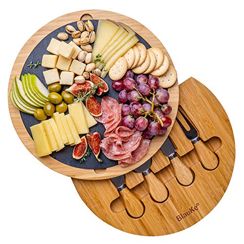 Bambus Käsebrett mit Käsemesser Set und Schieferplatte – Servierplatte aus Holz für Käse und Appetithäppchen– 30cm Holz Käseplatte Drehbar – Rund Servierbrett aus Holz – Cheese Board Charcuterie Board