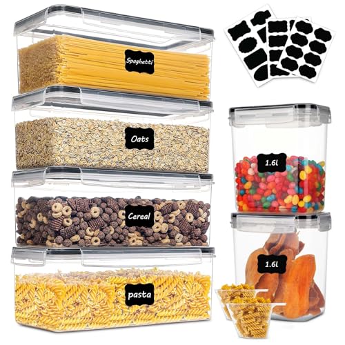 Miiepls 3.2 L Storage Jars mit Deckel Luftdicht, Aufbewahrungsbox Küche Organizer, 6er Set mit Kreidemarker Etiketten und 2 Messbecher Vorratsdose für Müsli Mehl, Spaghetti, Cornflakes (3,2L+1,6L)