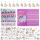 Einhorn Mitgebsel Kindergeburtstag Mitbringsel, 82pcs Geburtstag Gastgeschenke Set mit Geschenktüten Schnapparmbänder Schlüsselanhänger Stickers, Kinder Party Kleine Geschenke Give Aways für Mädchen