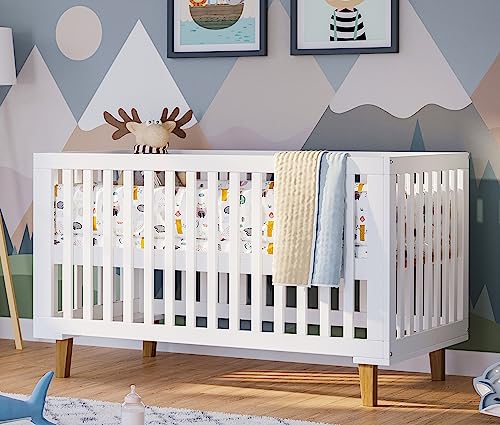 Bellabino Babybett Liri 70x140 cm weiß/Natur, Gitterbett für Kinder und Baby aus Kiefer Massivholz, Kinderbett 3-Fach höhenverstellbar inkl. Lattenrost