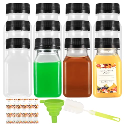 12 Stück 120ml Plastikflaschen zum Befüllen, Leere Shot Flaschen zum Befüllen, Saftflaschen Kunststoff Wiederverwendbare, Getränkeflaschen mit Deckel für Saft, Milchshakes, Smoothies, Getränken