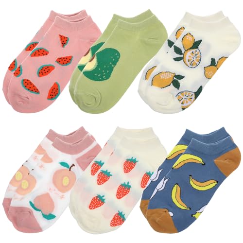 Mabor 6 Paar Kurz Socken Damen 35-38, Lustige Fruchtmuster Damen Socken 39-42, Baumwollsocken Mädchen Niedrig Geschnittene Unsichtbare Socke,Einheitsgröße