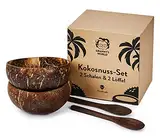 Granny's World® Exclusive Kokosnuss-Schalen 2er Set mit Löffeln | Handgefertigtes 100% Naturprodukt | Holzschale | Coconut Bowls Set | Handgefertigt mit Kokosöl poliert | 12-15cm durchmesser