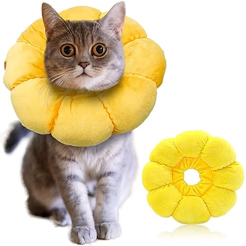 IOSPKKIO® Halskrause Katze, Einstellbarer Halskrause Katze Halsband für Katzen Kleiner Hunde Nach Operation, Weich Sonnenblume Katze Wiederherstellung Halsband Kragen Cone, M