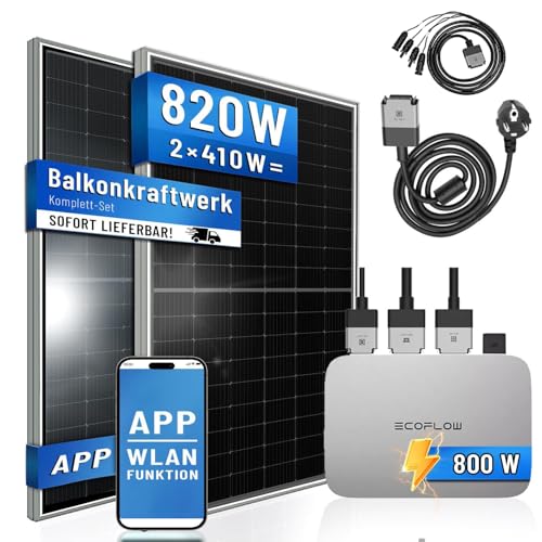 PIANETA Balkonkraftwerk 820W/800W Solaranlage mit 800W ECOFLOW Micro Wechselrichter WiFi Bluetooth, upgradebar drosselbar, 2x410W Marken Solarmodule von Horay