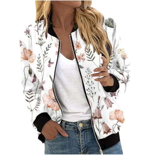 Bomberjacke Damen Blumenmuster Oversize Sommerjacke Damen Blouson Reißverschluss Übergangsjacke Herbst Frühling Jacket für Teenager Mädchen Langarm College Jacke Leichte Pilotenjacke Fliegerjacke