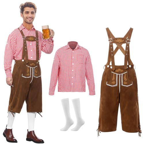 Suffolly Trachten Lederhose Herren Kurz mit Passenden Trägern,3 Teilig,Trachten Set Herren mit Kurze Lederhose,Hosenträger,Trachtenhemd,Socken Trachtenset für Oktoberfest Rot, XXL