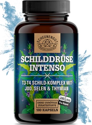 SCHILDDRÜSE INTENSO® Schilddrüsenunterfunktion - WICHTIG: Laborgeprüfter Komplex mit Selen, Thymian +155µg Jod pro Kapsel und mehr I 180 Jod Tabletten I Vegan I DE I SCHEUNENGUT®