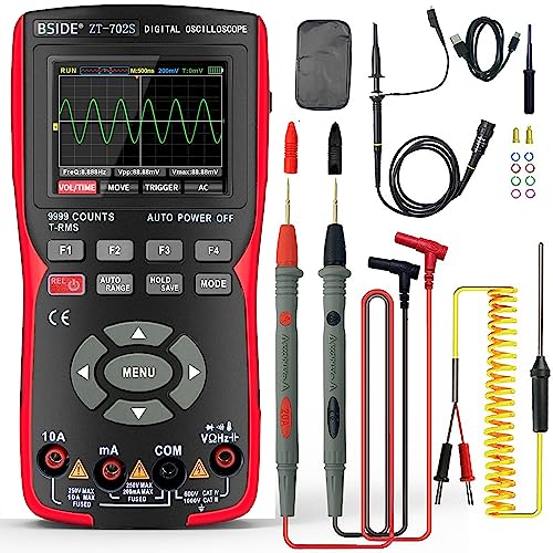 BSIDE ZT-702S Kit Oszilloskop DIY Digital Multimeter TRMS mit Oszilloskop Tragbare LCD Farbe 9999 Zählt 10Mhz Auto Calibration Mini Oszilloskop Tester Wiederaufladbar für Auto Werkstatt Elektronik