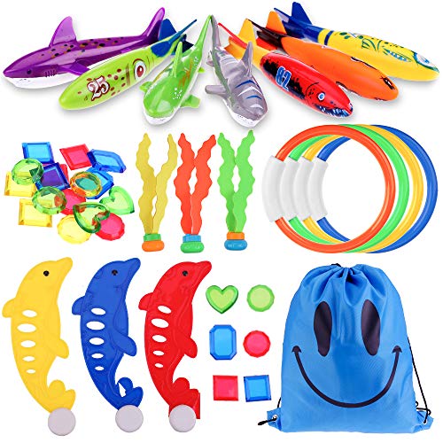 Faburo 34-teiliges Tauchspielzeug-Set für Kinder, inklusive Torpedos Banditen x 4, Tauchringe x 4, Meeresalgen, 3, Tauchsteine, Spielzeug, Delfine, 3, Hai, 3, Tasche mit Kordelzug