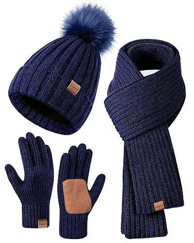 Winter-Set für Damen mit Mütze, Schal und Handschuhen, Mütze mit Bommel, langer Schal, Touchscreen-Handschuhe, 3-in-1-Set, Marineblau, Einheitsgröße