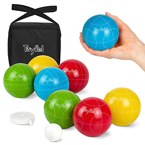 Toyfel Robustes Boccia Set aus hochwertigem Kunstharz inkl. Tragetasche & Maßband – Outdoor Spiel Boule Set Boccia Kugeln in bunten, leuchtenden Farben Strandspiel für ganze Familie – Luka