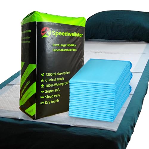 20 Einweg Inkontinenzunterlagen für Betten, Größe XL, 150 x 80 cm, Krankenhausqualität, sehr saugfähig, absorbiert bis zu 2300 ml