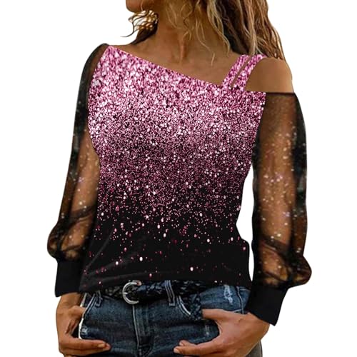 T-Shirt Damen Schulterfrei Oberteile Sexy Glitzer Langarmshirt Casual Mode Langarm Shirt Bluse Tops Tunika Elegant Einfarbig Pullover Jumper Herbst Winter Spitze Streetwear Laufshirt