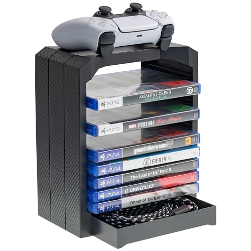 Geekhome - Universal Games Storage Tower für bis zu 10 Spiele, extra Fach für Zubehör, Ablegemöglichkeit für Controller - geeignet für Playstation 5, Xbox Series S & X, Xbox One, PS4, PS3, Blu Rays